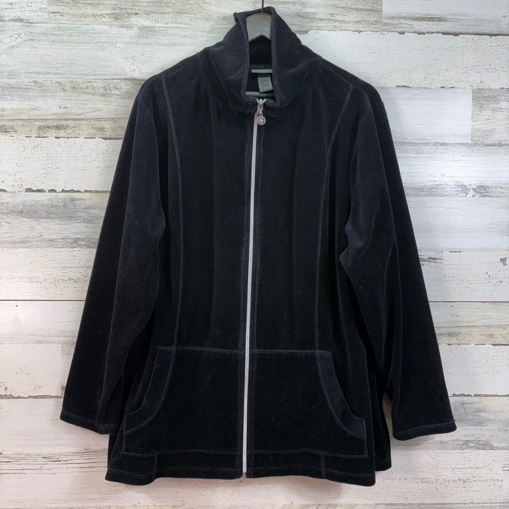 Catherines Womens 3X Black Velour Zip Up Jacket Mock Neck Rhinestone Flower Pull